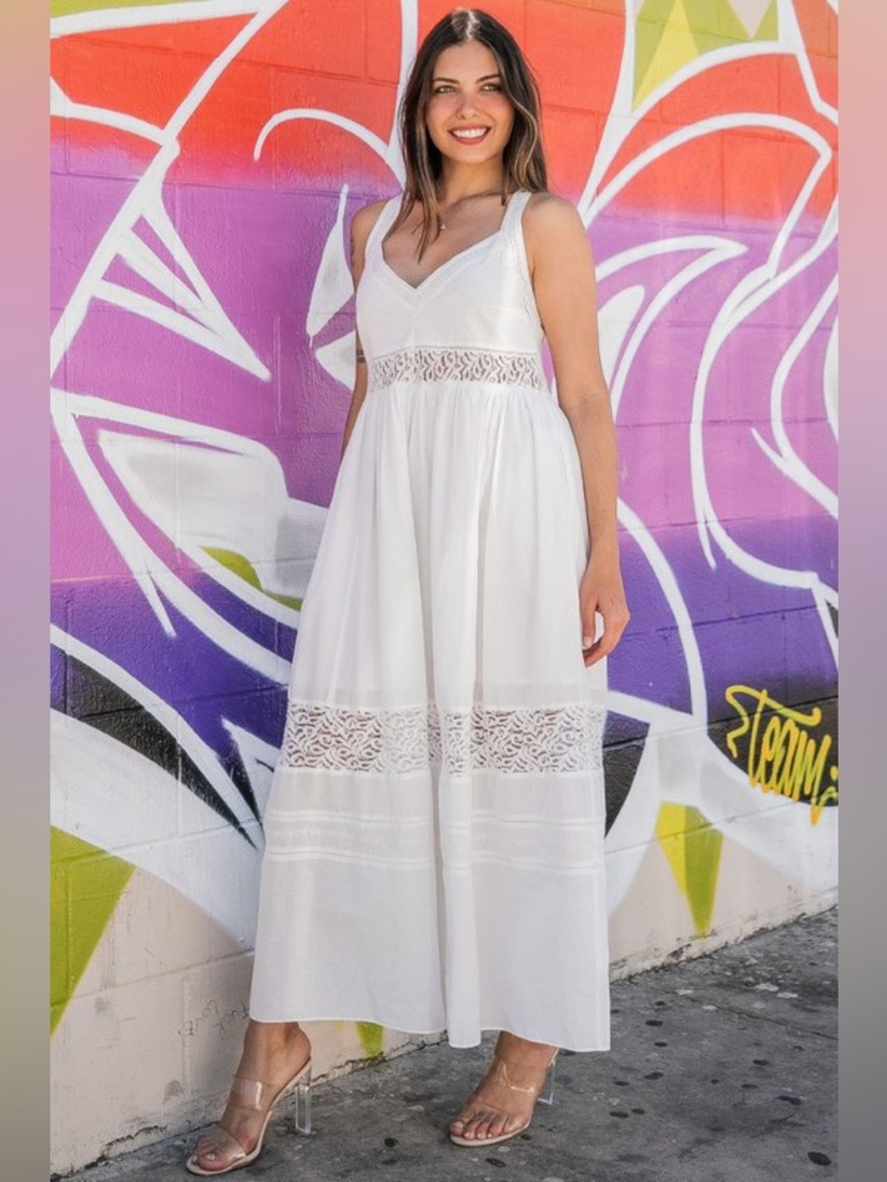 White Lace-Trim Maxi Dress with V-Neck